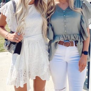 White eyelet ruffled mini dress